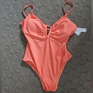 NWT Sanctuary Orange One Piece Plunging V-Neck Lace Up Back Swimsuit S